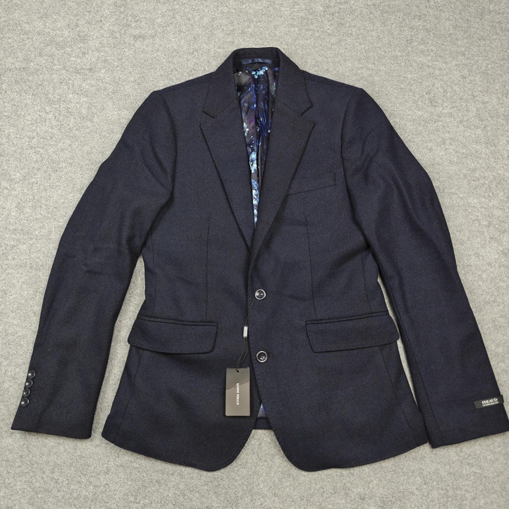 Gianni Feraud Blazer Mens 38 Navy Wool Blend Herringbone Tweed Suit Jacket